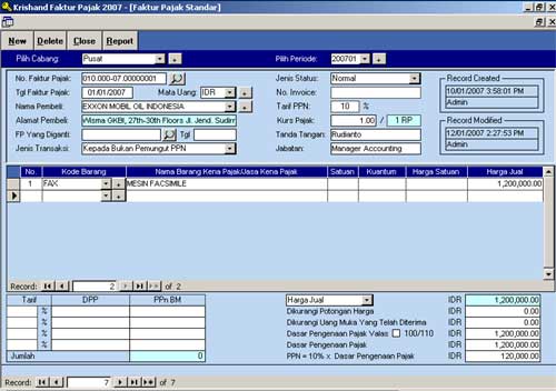 Transaksi Formulir Faktur Pajak Standar 2007